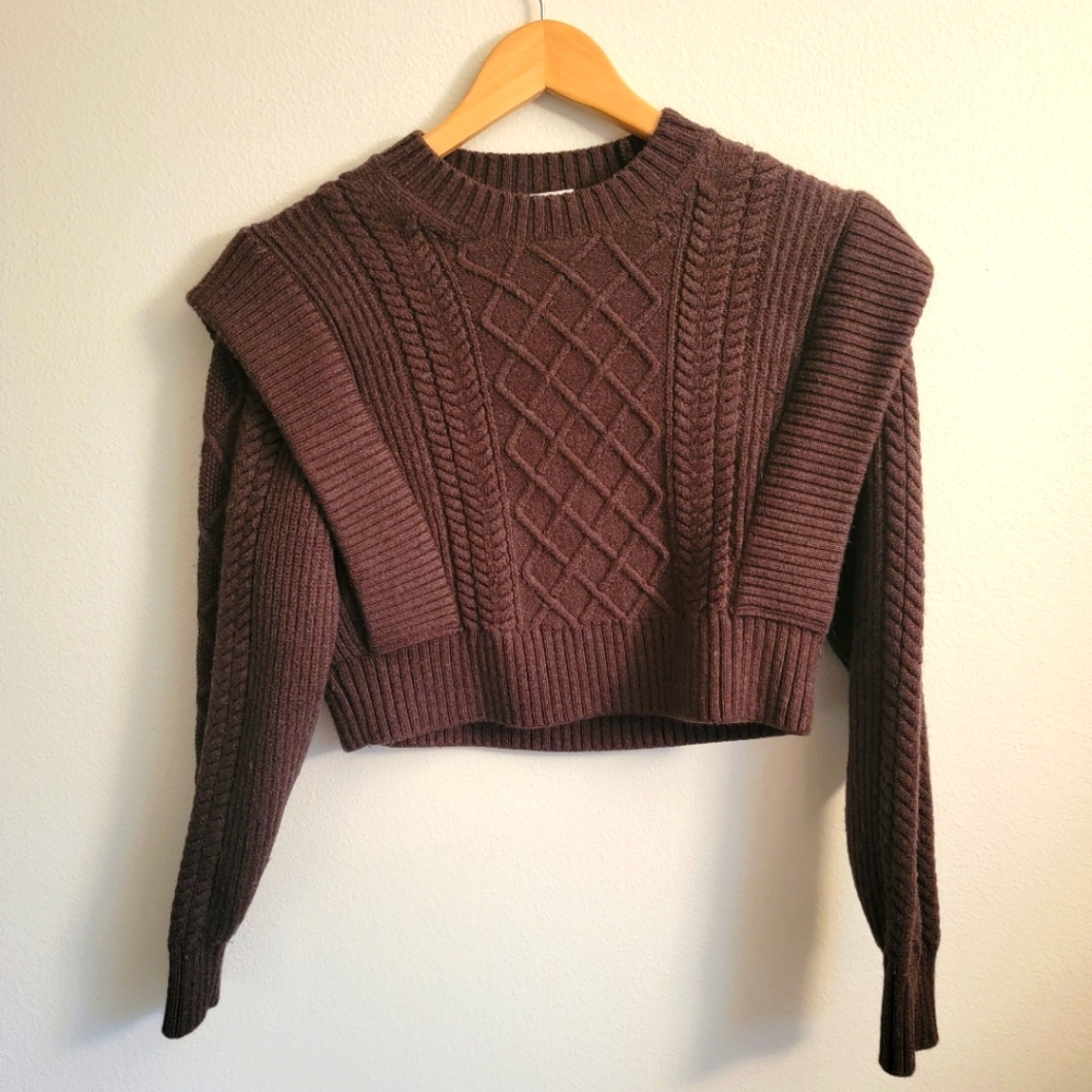 Babaton Brown Cable Knit Crewneck Sweater